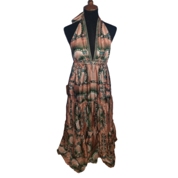100% Silk Nicole Miller Artelier Low Open Back Boho Tropical Halter Maxi Dress - Picture 3 of 7